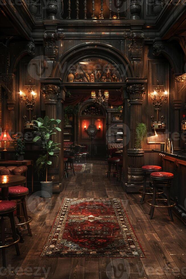 AI Generated Classic speakeasy with hidden doors dark wood paneling photo