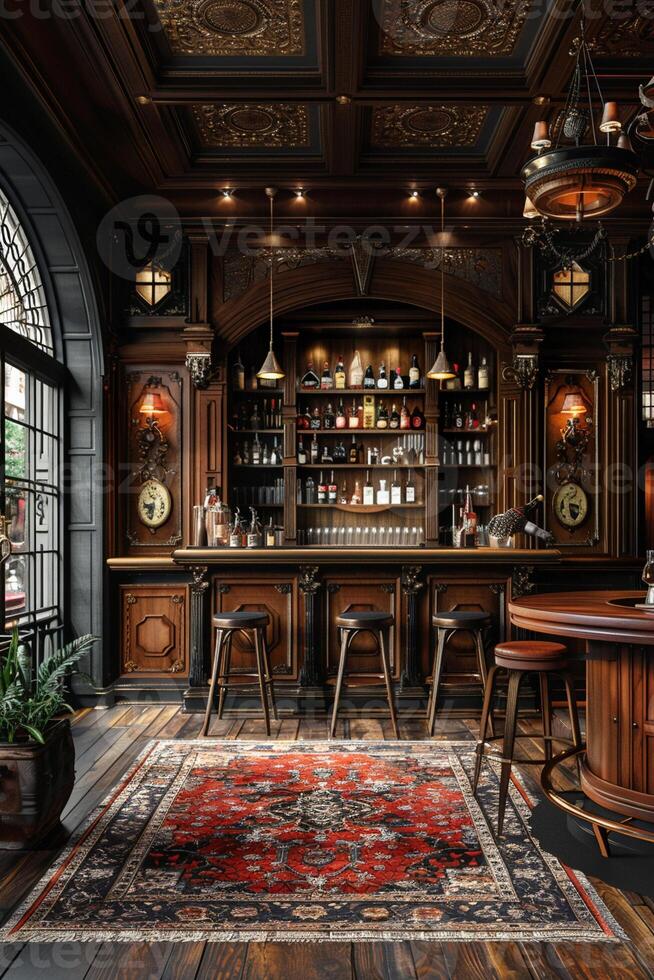 AI Generated Classic speakeasy with hidden doors dark wood paneling photo