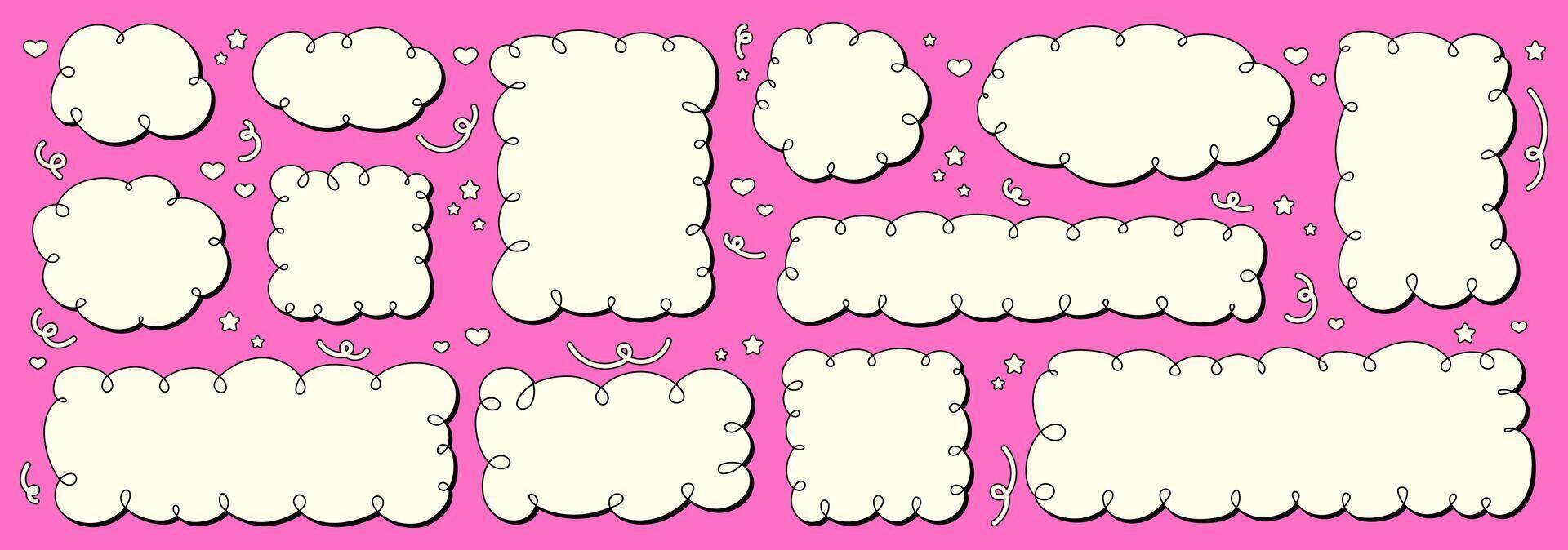 Vector set of empty speech bubbles and doodles in retro style. Hand drawn scribble for comics in pop art style.
