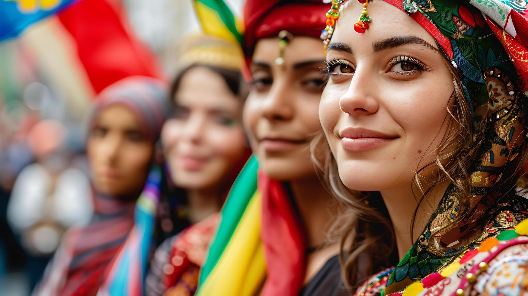 ai generado multicultural unidad diverso grupo celebra vibrante desfile con vistoso disfraces y festivo banderas foto