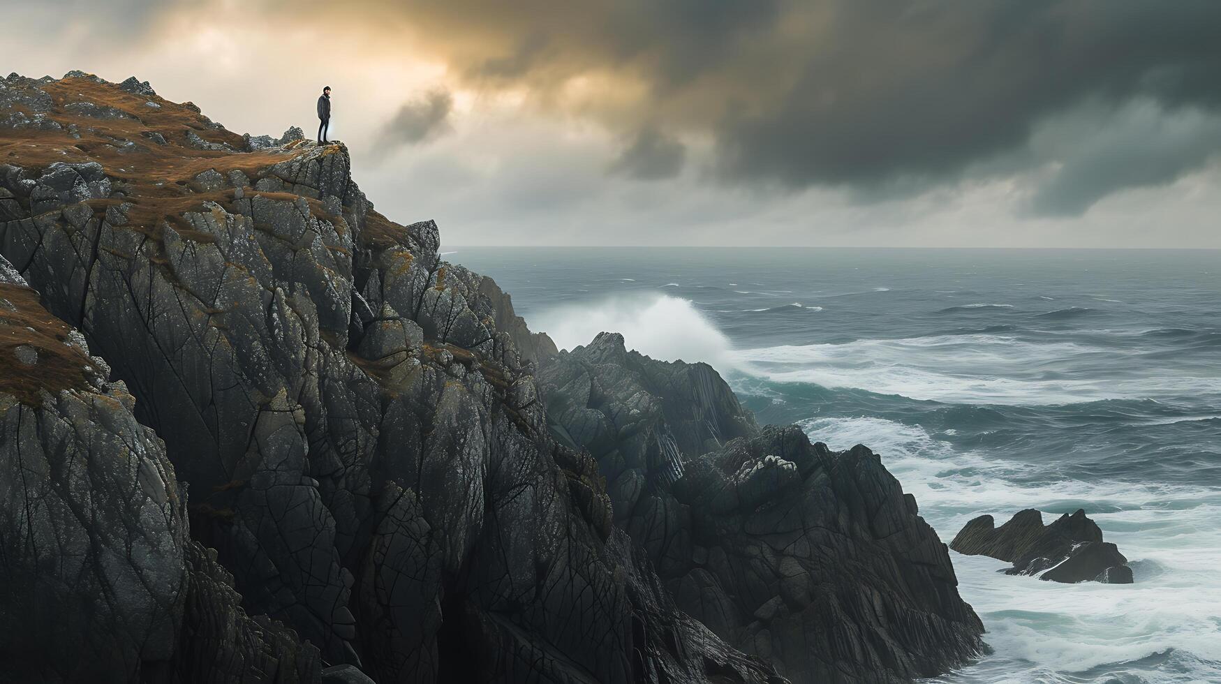 AI generated Resilient Figure Embracing Turbulent Seas Gazing Toward Hope Amidst Stormy Skies photo