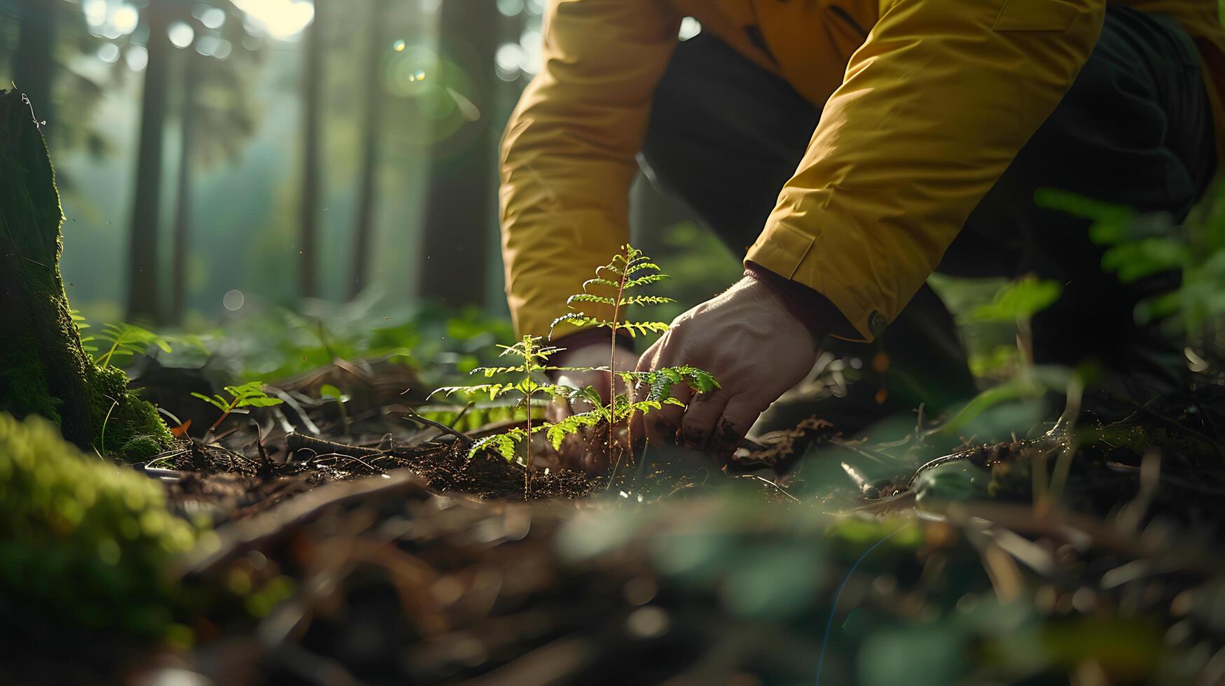 AI generated Person Planting Tree in Lush Green Forest Soft Natural Light Filtering Through Canopy photo
