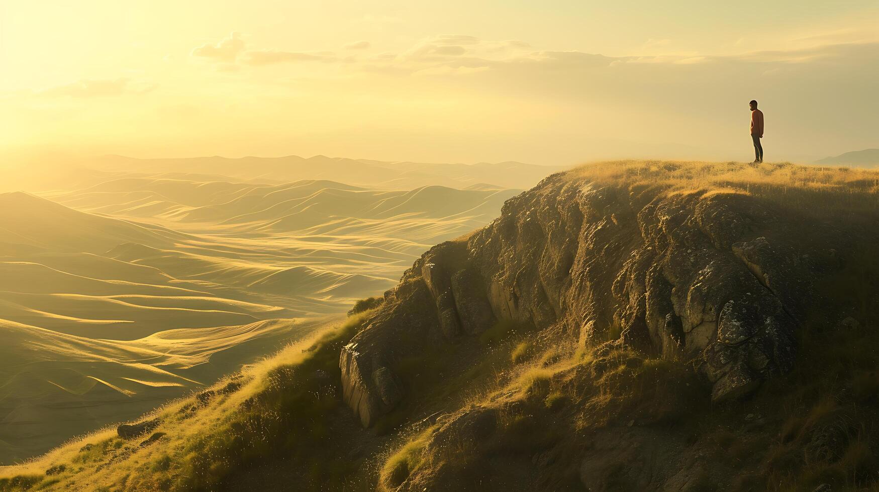 AI generated Solitary Figure Embracing Endless Landscape Letting Go with Warm Golden Light photo