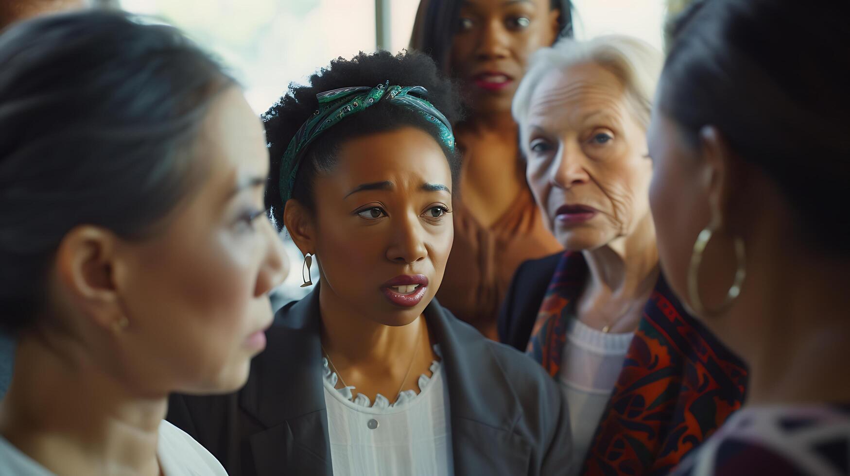 AI generated Diverse Group Holds Protest Signs in Crowded Public Square Center Frame Captures Facial Expressions amid Mix of People photo