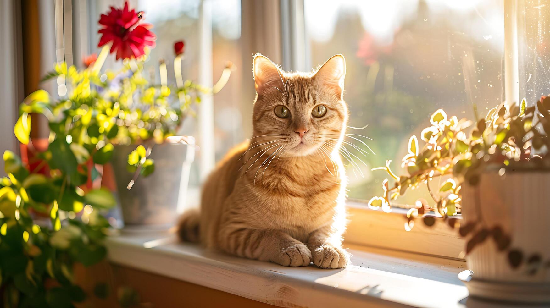 AI generated Curious Domestic Cat Basks in Sunlight on Windowsill Caught in CloseUp Shot photo