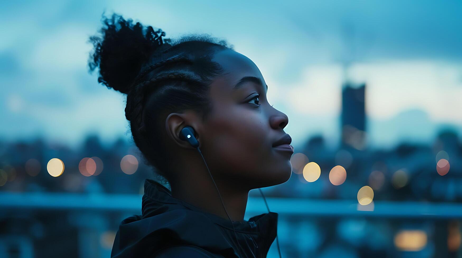 AI generated Young Woman Dances to Music with Wireless Earbuds Cityscape Blurred in Background photo