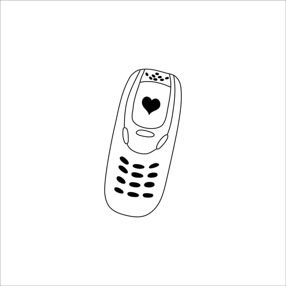 dibujado a mano bosquejo de un clásico móvil teléfono con un corazón icono en pantalla vector