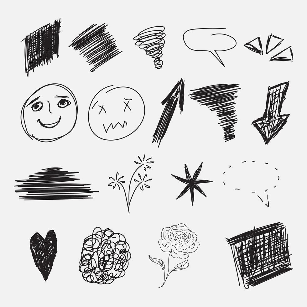Set of hand drawn ink pen abstract scribbles vector designs