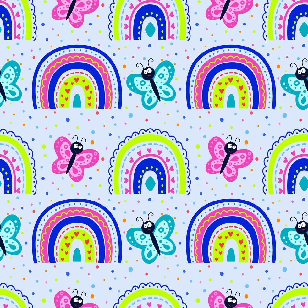 Illustration of a seamless pattern in the form of pink hearts and multicolored dots on a dark background. Cute romantic print, festive background for Valentine's day, romantic wedding design. vector