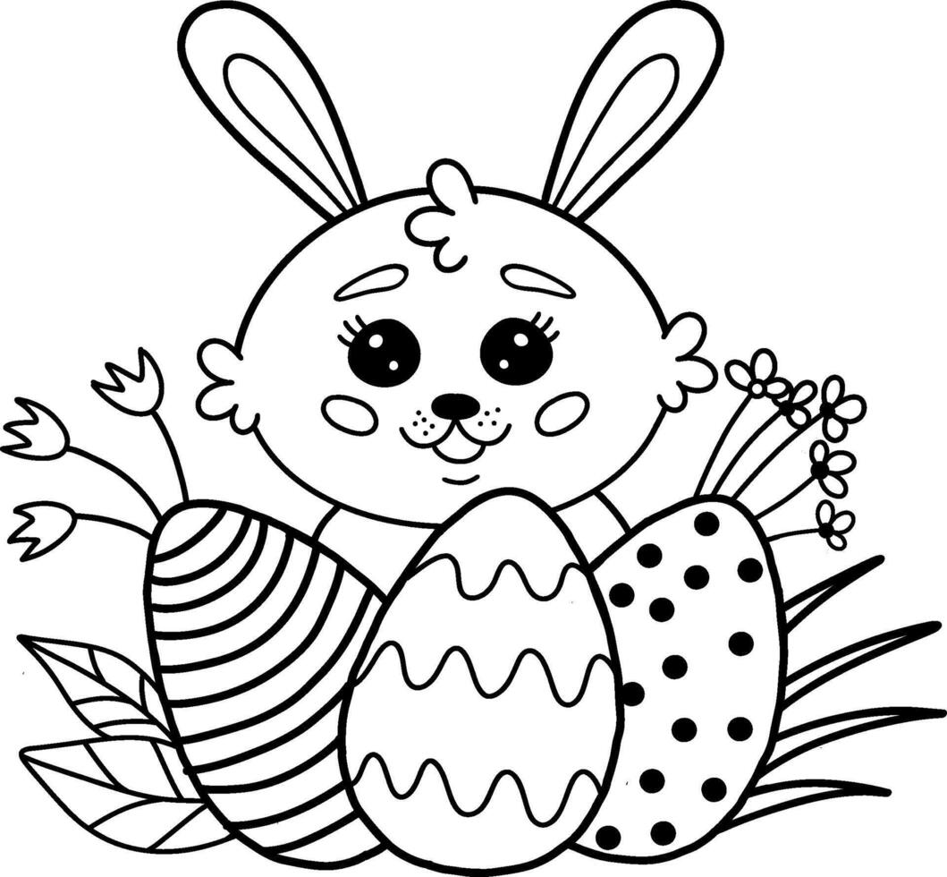 colorante libro presentando un linda Pascua de Resurrección conejito desde un dibujos animados con huevos y flores colorante libro para niños. vector ilustración.