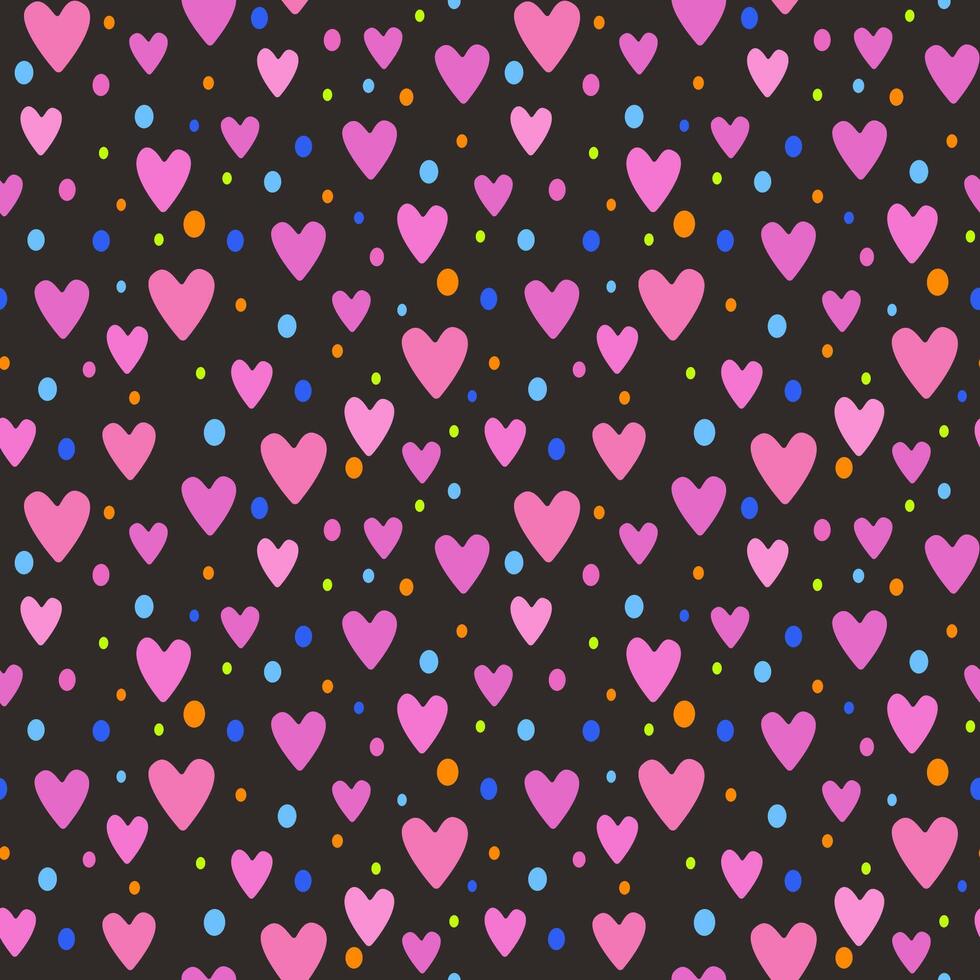 Illustration of a seamless pattern in the form of pink hearts and multicolored dots on a dark background. Cute romantic print, festive background for Valentine's day, romantic wedding design. vector