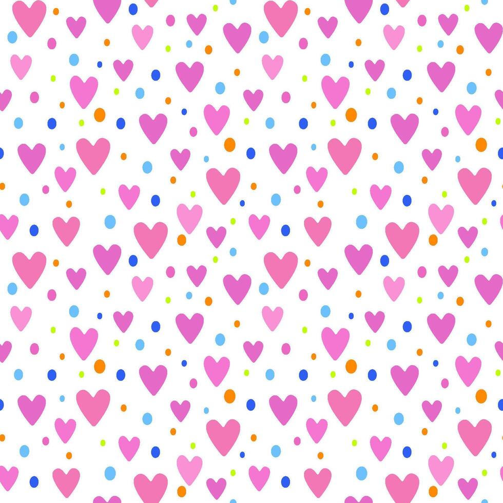 An illustration of a seamless pattern in the form of pink hearts and multicolored dots. Cute romantic print, festive background for Valentine's day, romantic wedding design. vector