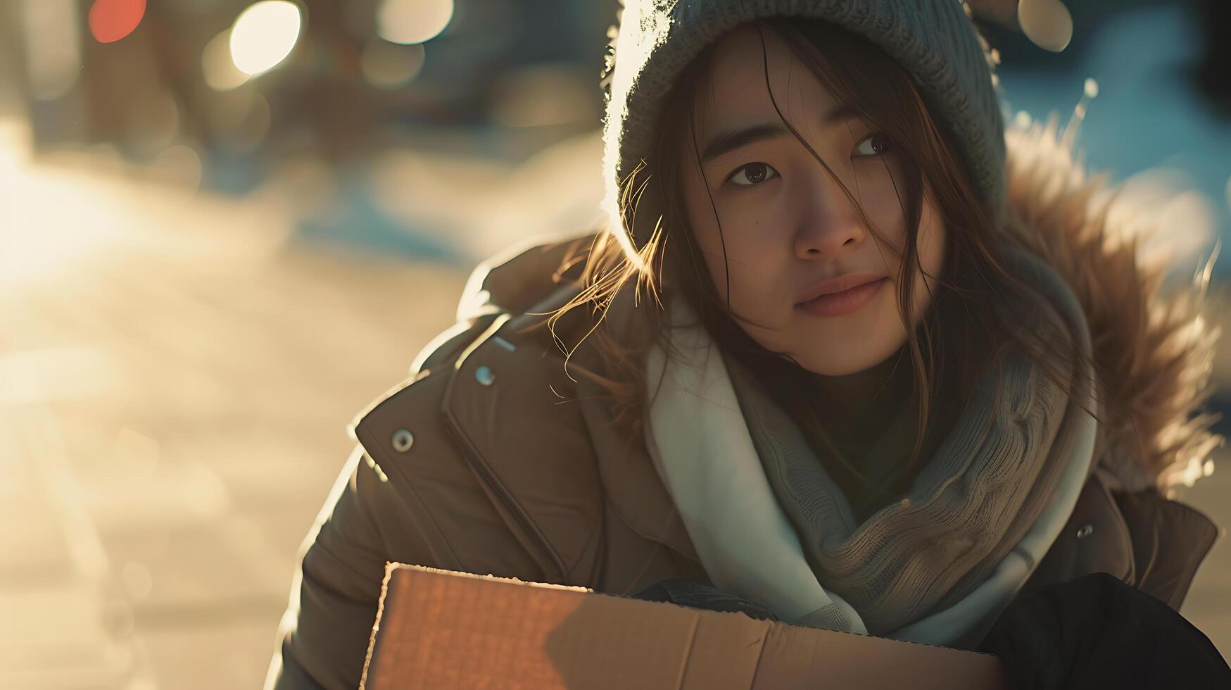 AI generated Young Homeless Woman Holds Sign in Soft Light Symbol of Hope on Sidewalk photo