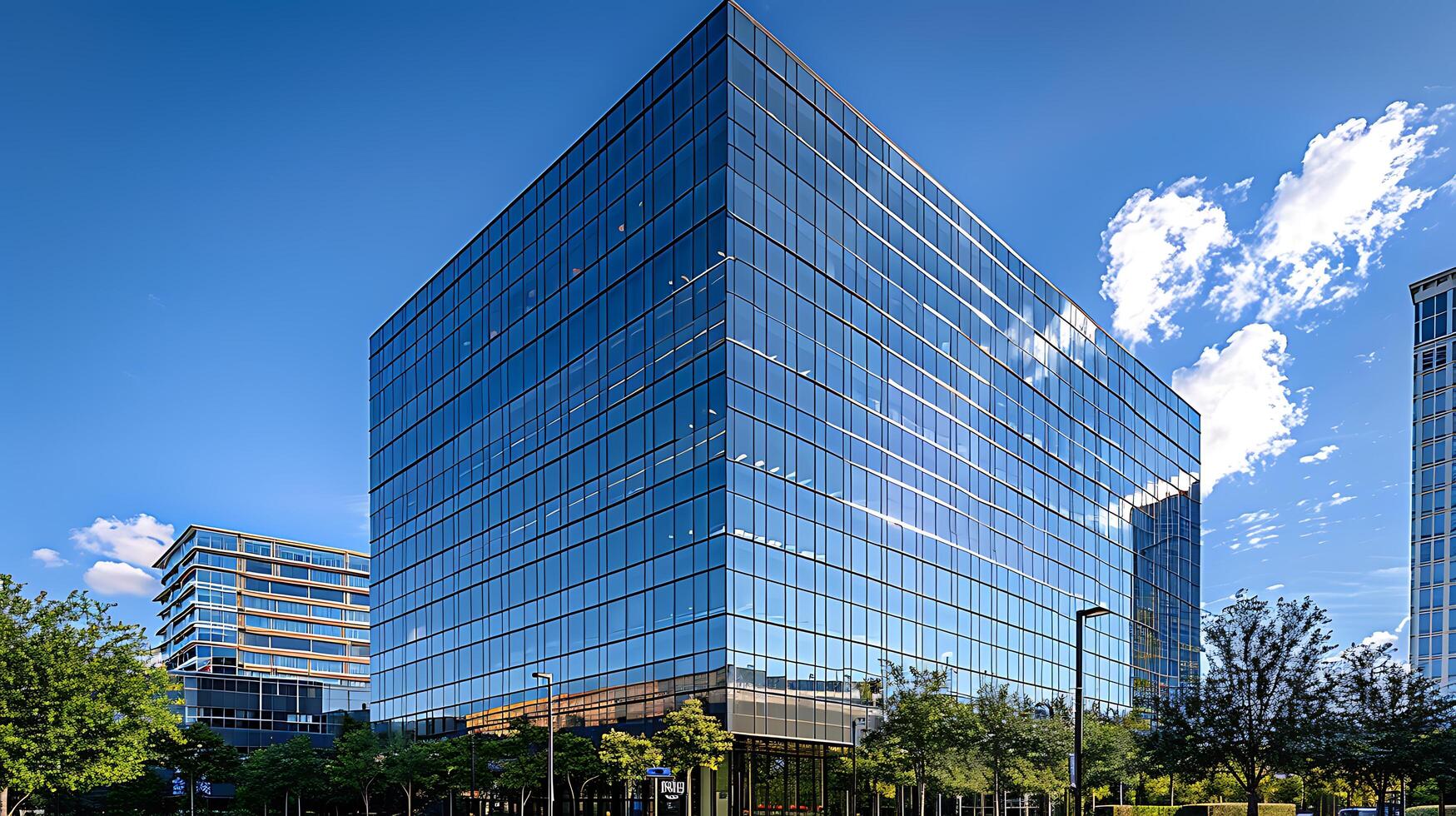 AI generated Reflective Glass Office Building Towers Amidst Urban Landscape Captured in Wide Telephoto Shot photo