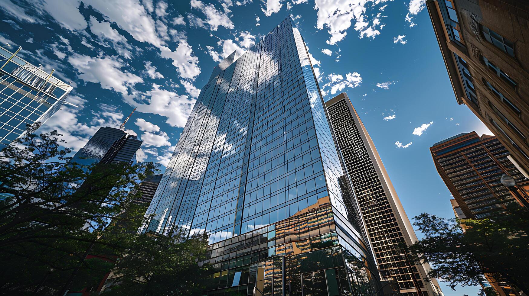 AI generated Glass Skyscraper Reflects Bustling Cityscape in Wide 24mm Shot photo