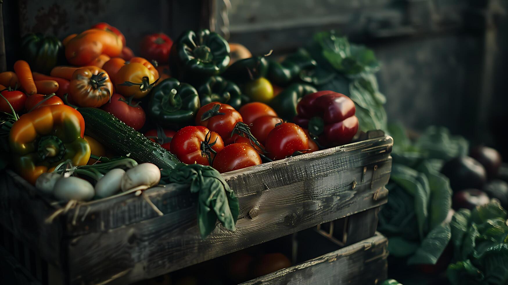 ai generado vistoso frutas y vegetales arreglado en de madera tablero bañado en suave natural ligero foto