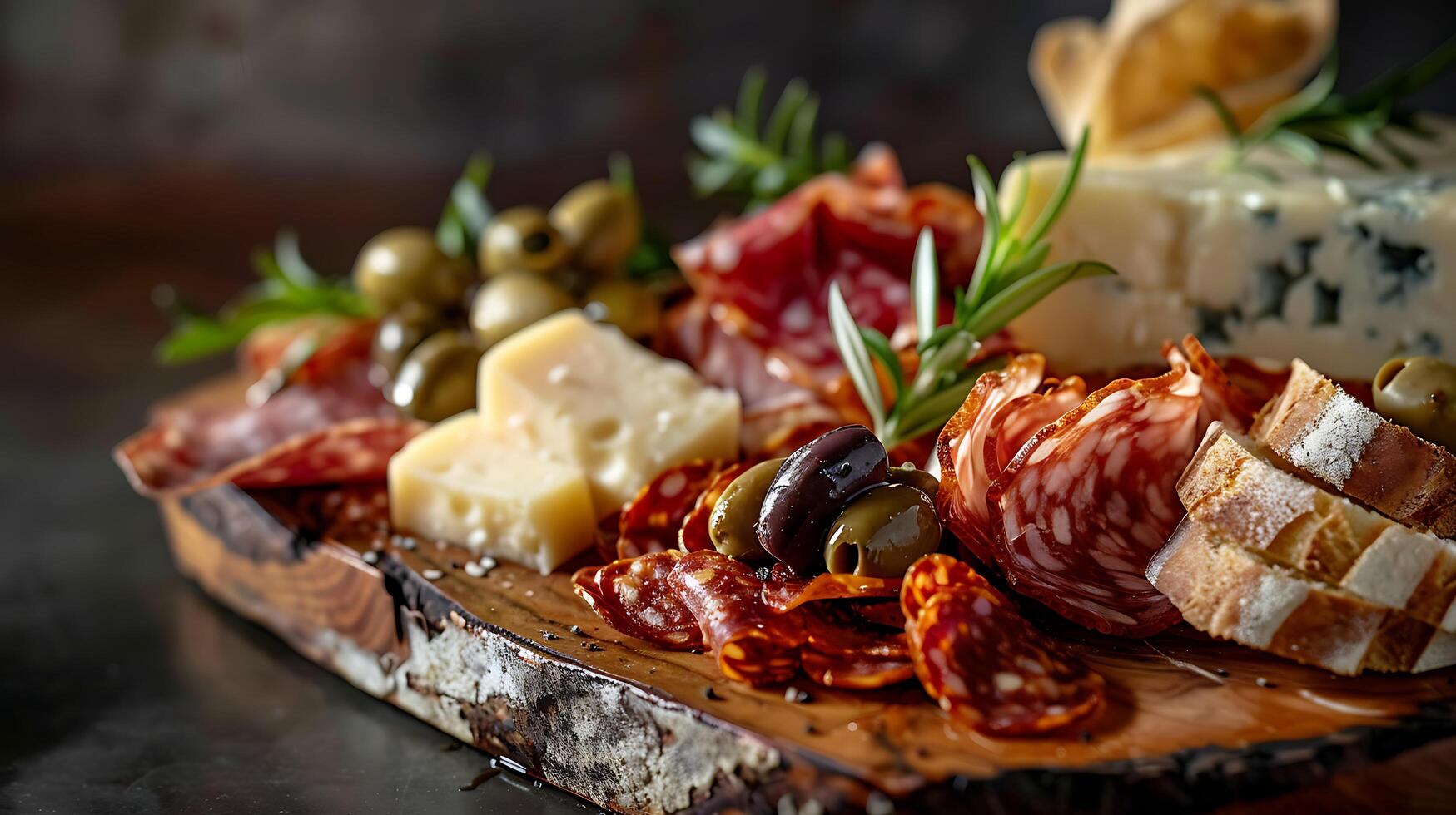 AI generated Sumptuous Charcuterie Board Set Against Rustic Backdrop Bathed in Soft Natural Light photo