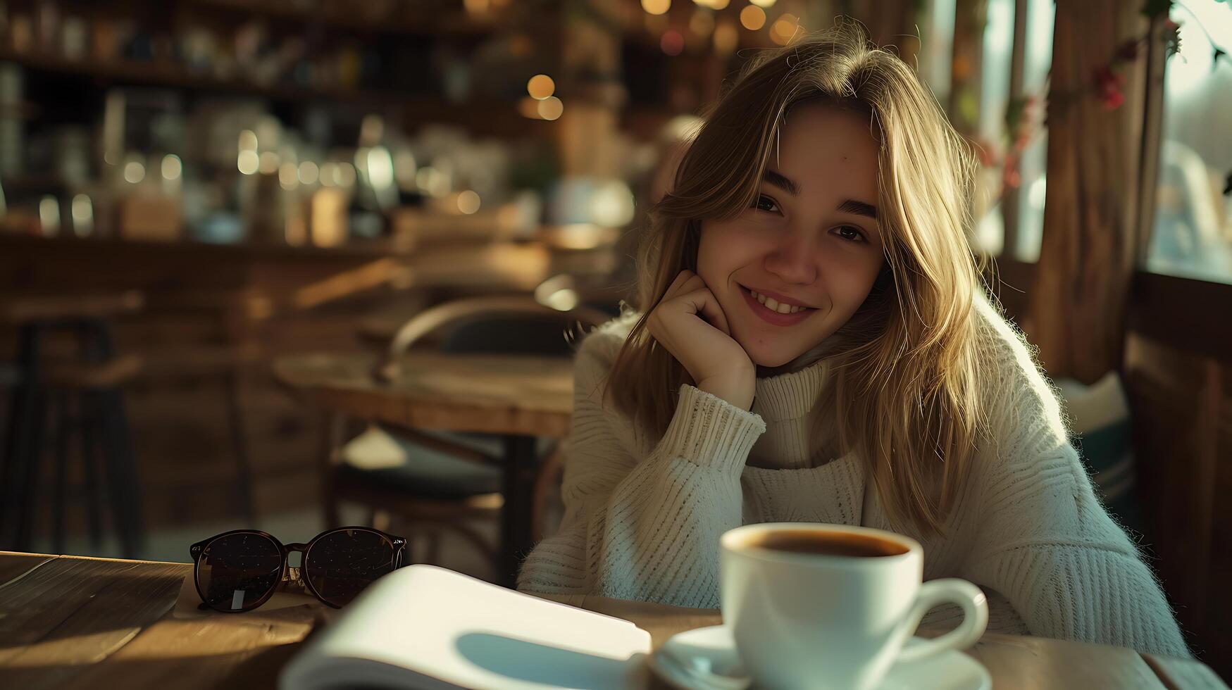 AI generated Young Woman Contemplates Mountain Vista Bathed in Soft Light photo