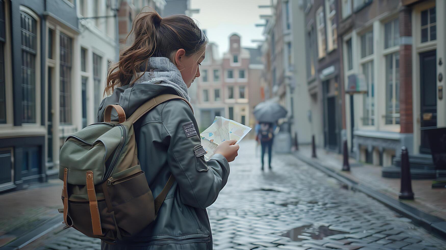 AI generated Young Woman Explores European City with Map Bathed in Soft Natural Light photo