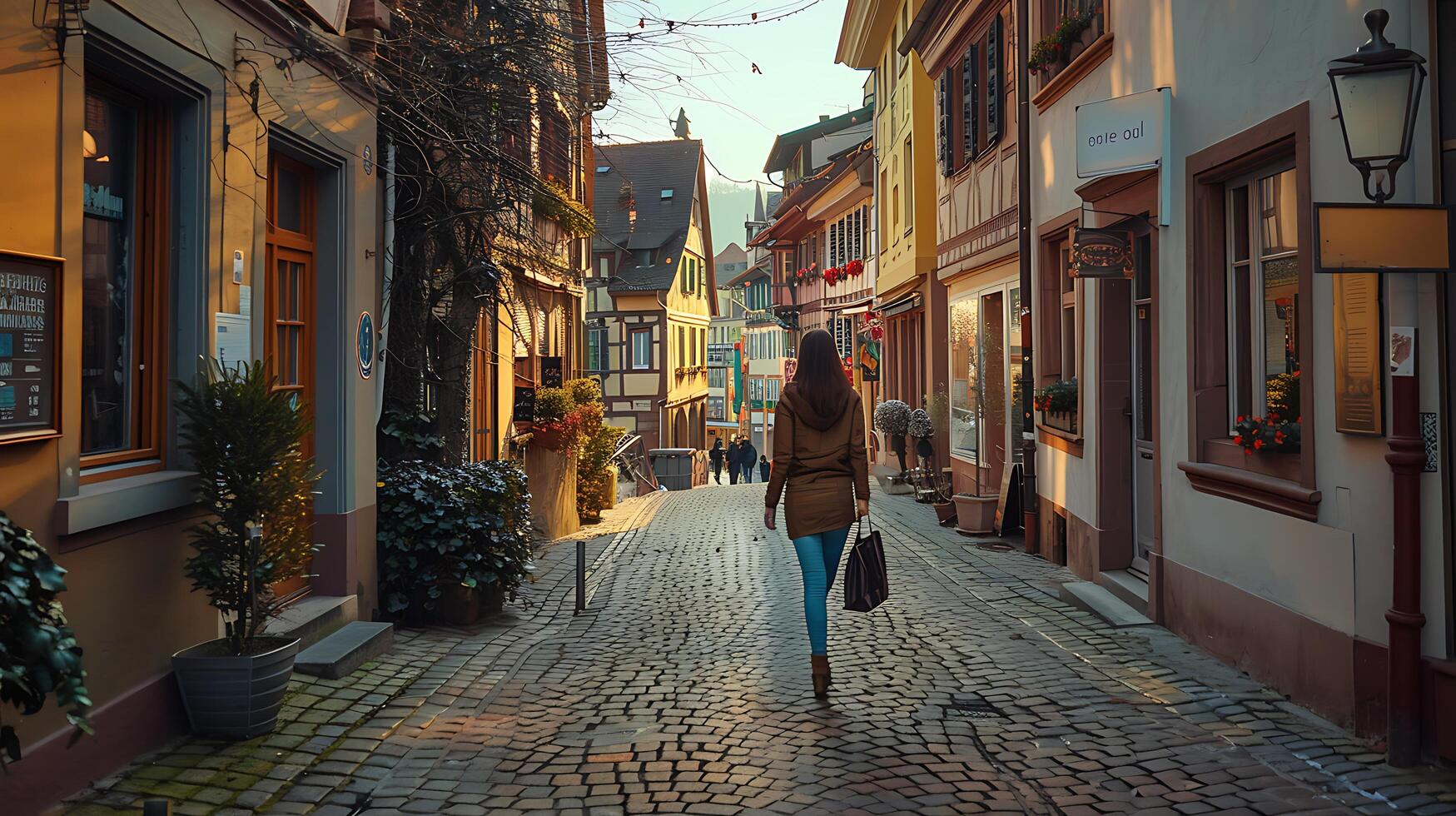 AI generated European Cobblestone Street Young Woman Amid Colorful Storefronts Bathed in Soft Natural Light photo