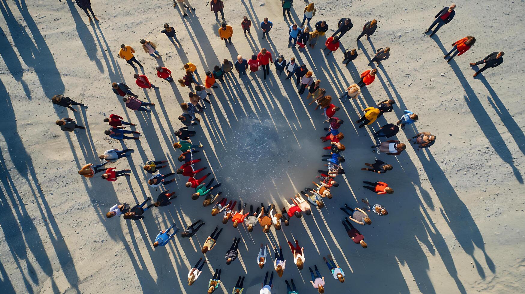 AI generated Diverse Human Chain Demonstrates Unity in Wideangle Aerial View photo