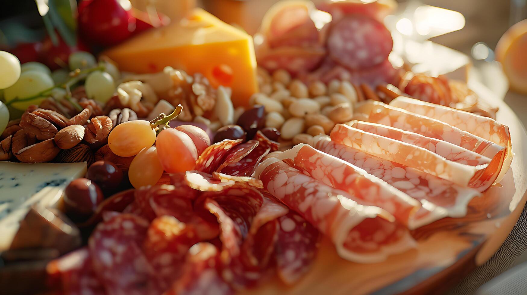 AI generated Capturing the Textures and Colors of a Beautifully Arranged Charcuterie Board with a 50mm Lens photo