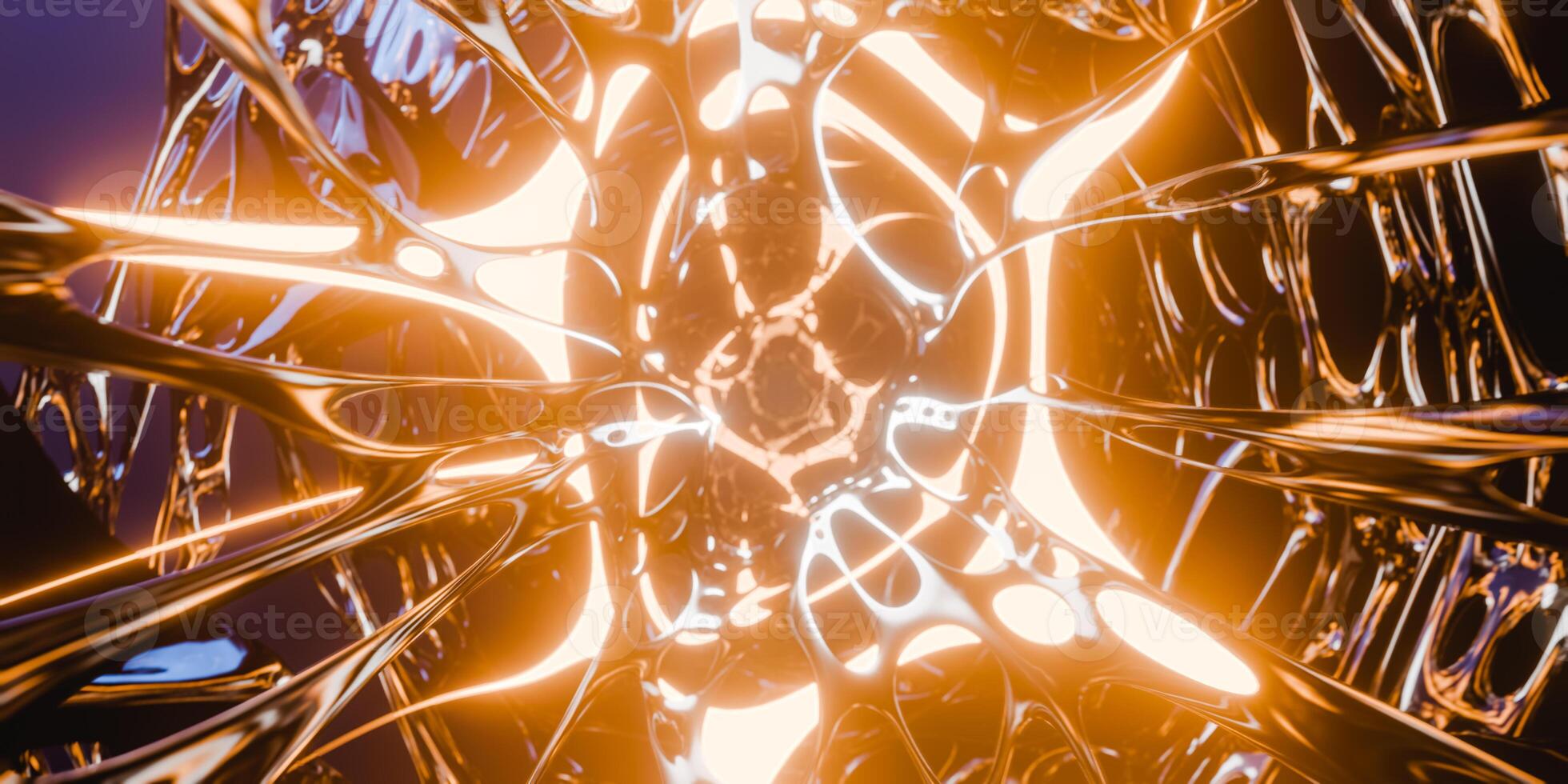 Glowing neon lights of objects moving towards endless fractal tunnel. 3d render photo