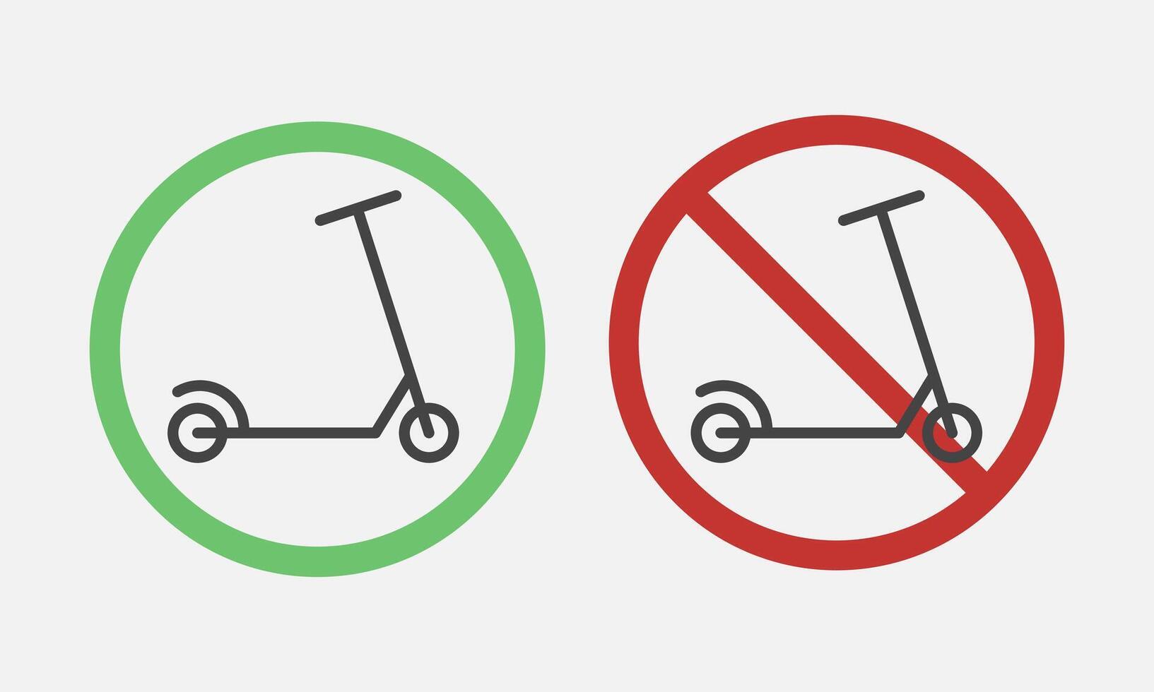 Scooter informational signs. No ride scooters. Forbidden, unallowed transport symbol. Vector illustration
