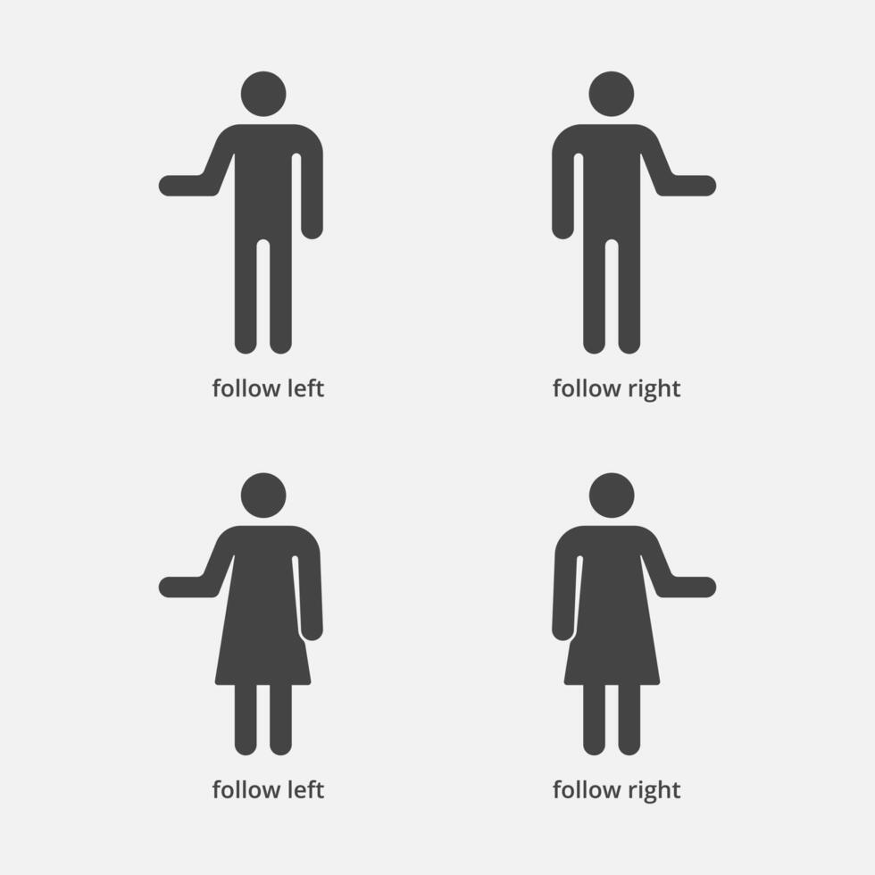 People show path direction. Man turn left, woman follow right signs. Toilets arrows symbols. Informational way icons. Vector illustration