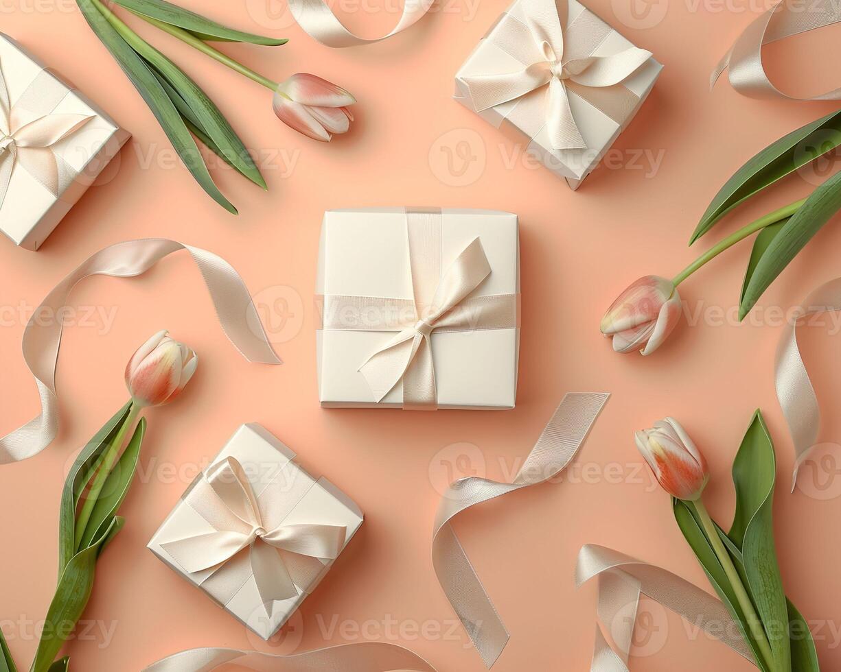 AI generated festive background with gift boxes tulips and ribbons photo