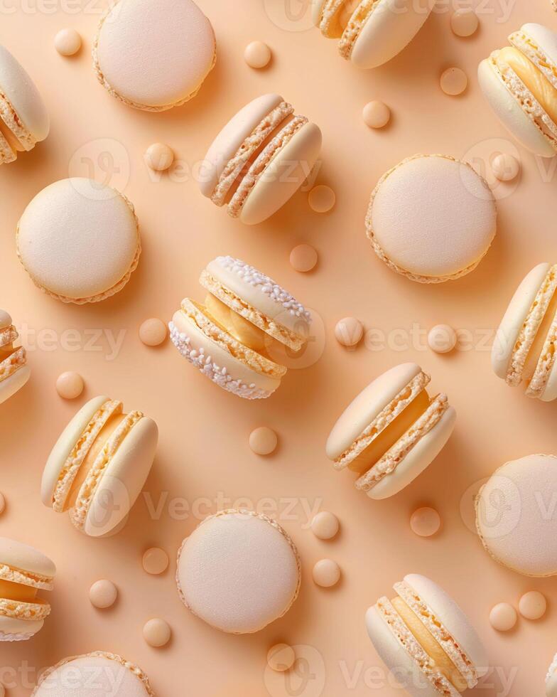 AI generated decorative background of yellow macaron cakes on peach background photo