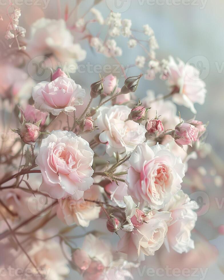 AI generated Delicate Pink Roses Blooming Against a Soft, Dreamy Background photo