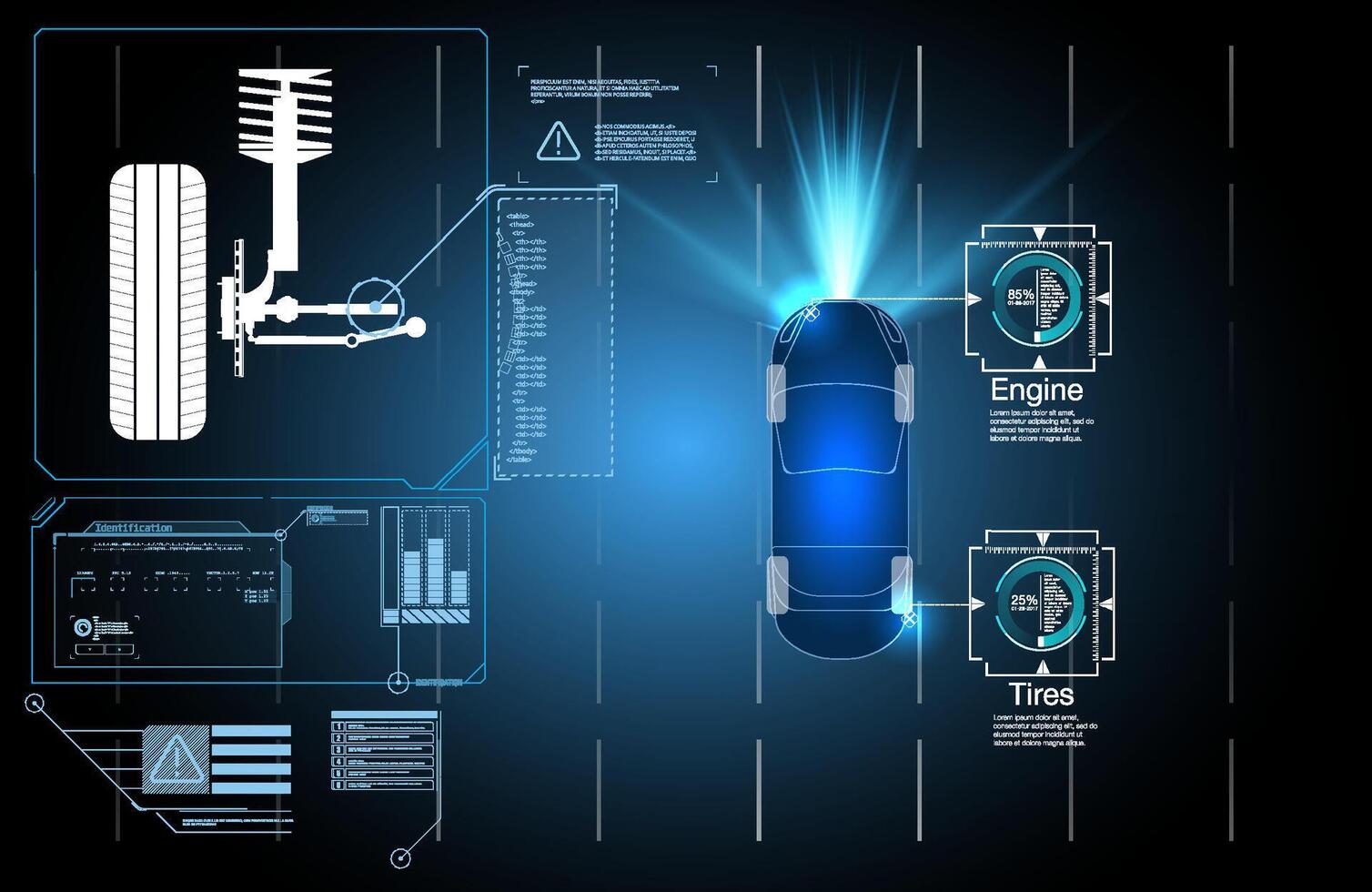 Driving suspension work control system without driver assistance. Safe driving. Vector Futuristic car user interface HUD UI Hologram of the car