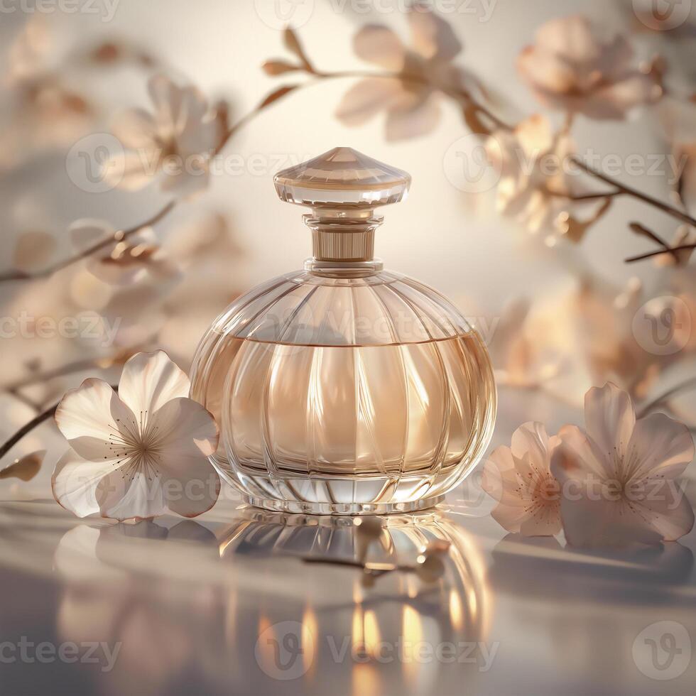 AI generated Dreamy Perfume Bottle with Soft Focus. Gentle Glow. Floral Touch. Ai generated. photo