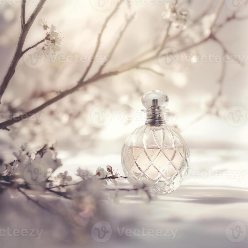 AI generated Dreamy Perfume Bottle with Soft Focus. Gentle Glow. Floral Touch. Ai generated. photo