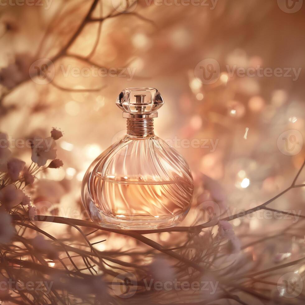 AI generated Dreamy Perfume Bottle with Soft Focus. Gentle Glow. Floral Touch. Ai generated. photo