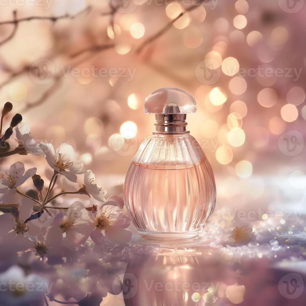 AI generated Dreamy Perfume Bottle with Soft Focus. Gentle Glow. Floral Touch. Ai generated. photo