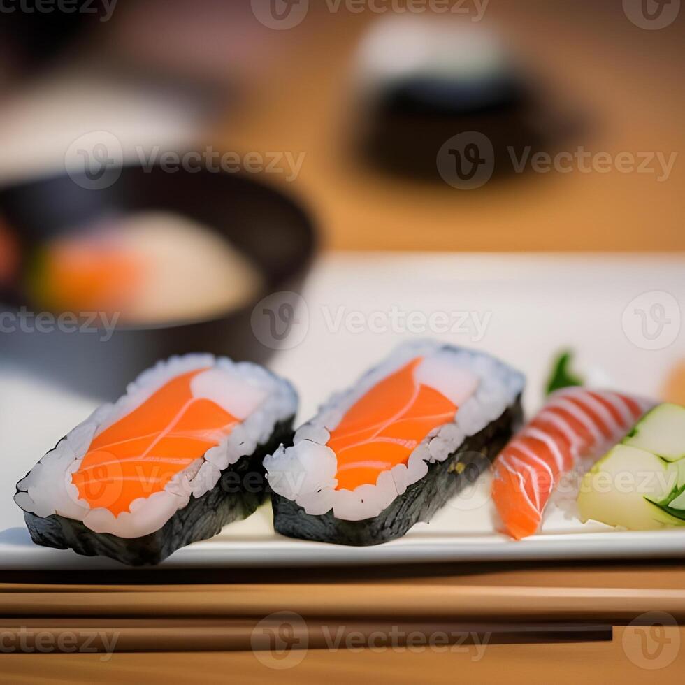 AI generated A plate of sushi and vegetables with a bowl of sushi on it photo