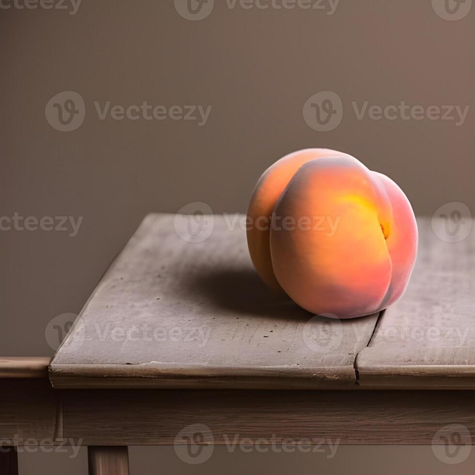 AI generated A peach on a table with a brown background photo