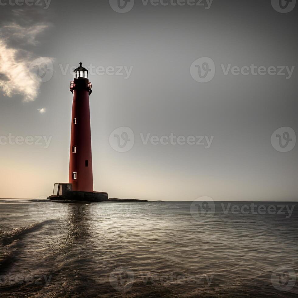 ai generado faro en el mar a puesta de sol foto