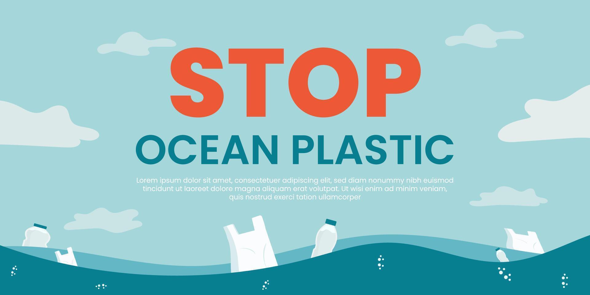 Stop ocean plastic pollution banner design template in paper cut style. Sea pollutions website banner, World Oceans Day concept, Save the world paper art vector illustration.