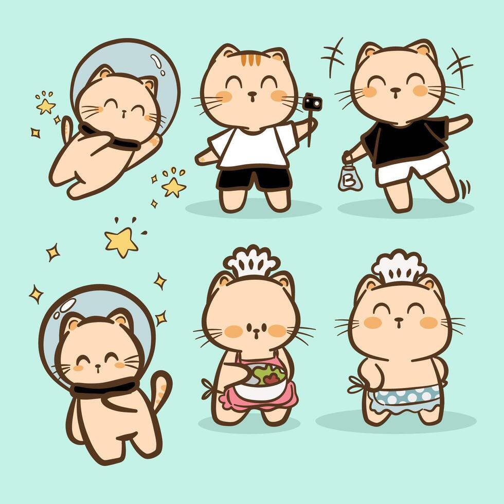Set of cute Cat and Rabbit cartoon character vector on color background. Cartoon character design. Cute Animals character for kids. Vector illustration.
