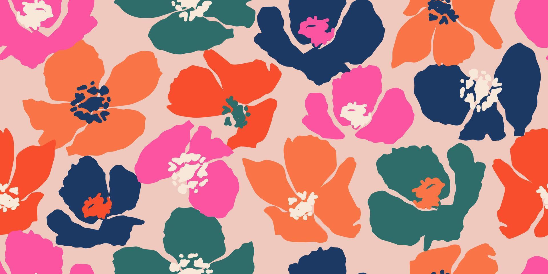 Exotic hand drawn flowers, seamless patterns with colorful floral for fabric, textiles, wrapping paper, cover, banner, home decor, wall art, abstract backgrounds. Vector illustration.