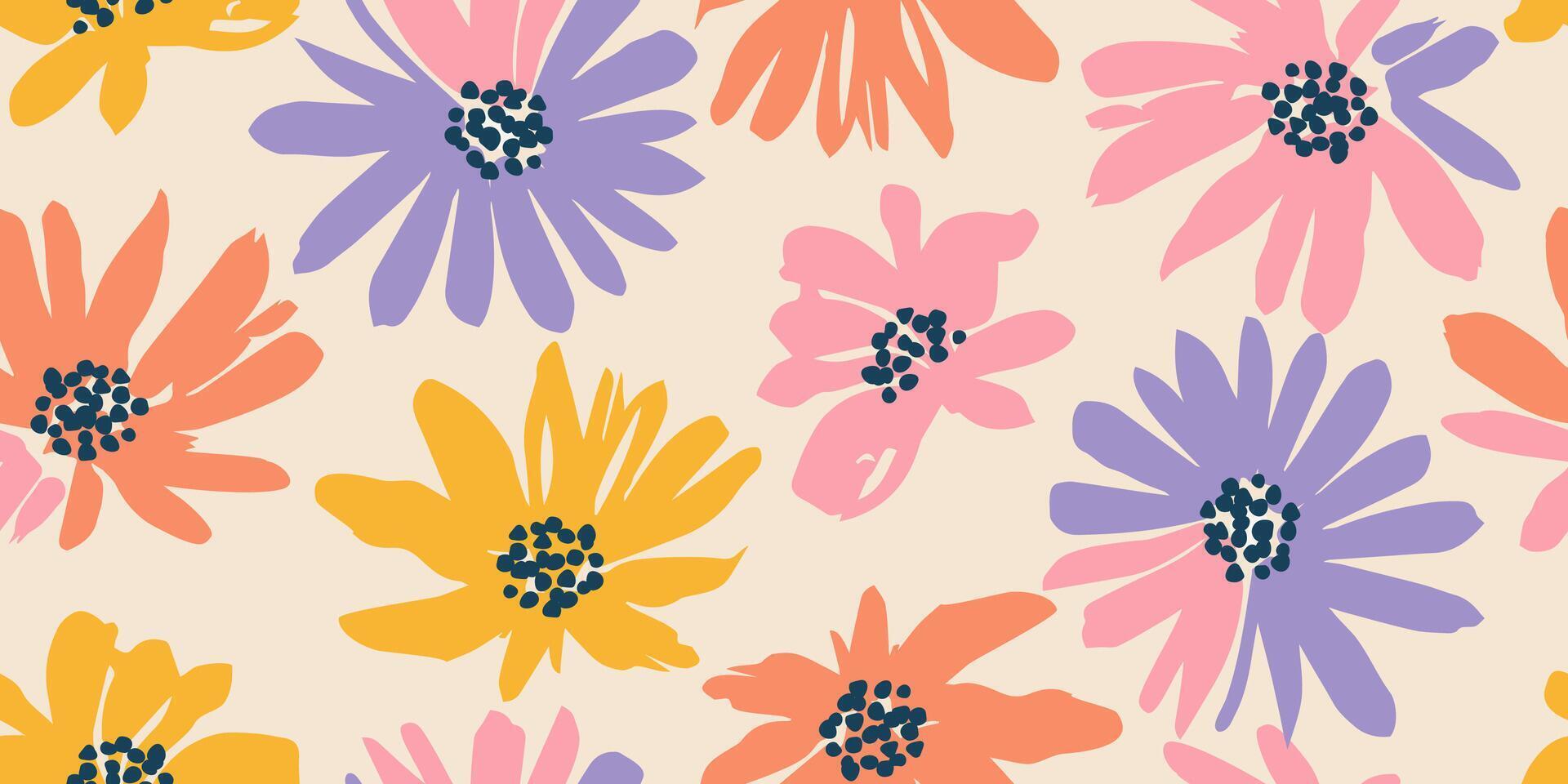 Exotic hand drawn flowers, seamless patterns with colorful floral for fabric, textiles, wrapping paper, cover, banner, home decor, wall art, abstract backgrounds. Vector illustration.