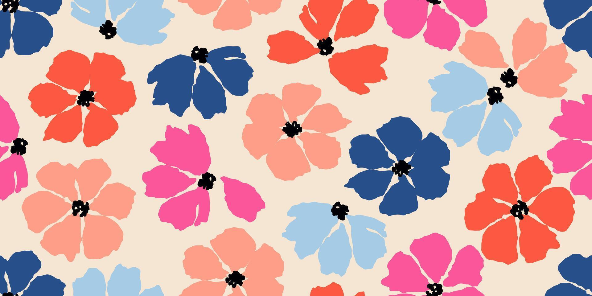 exótico mano dibujado flores, sin costura patrones con vistoso floral para tela, textiles, envase papel, cubrir, bandera, hogar decoración, pared arte, resumen antecedentes. vector ilustración.