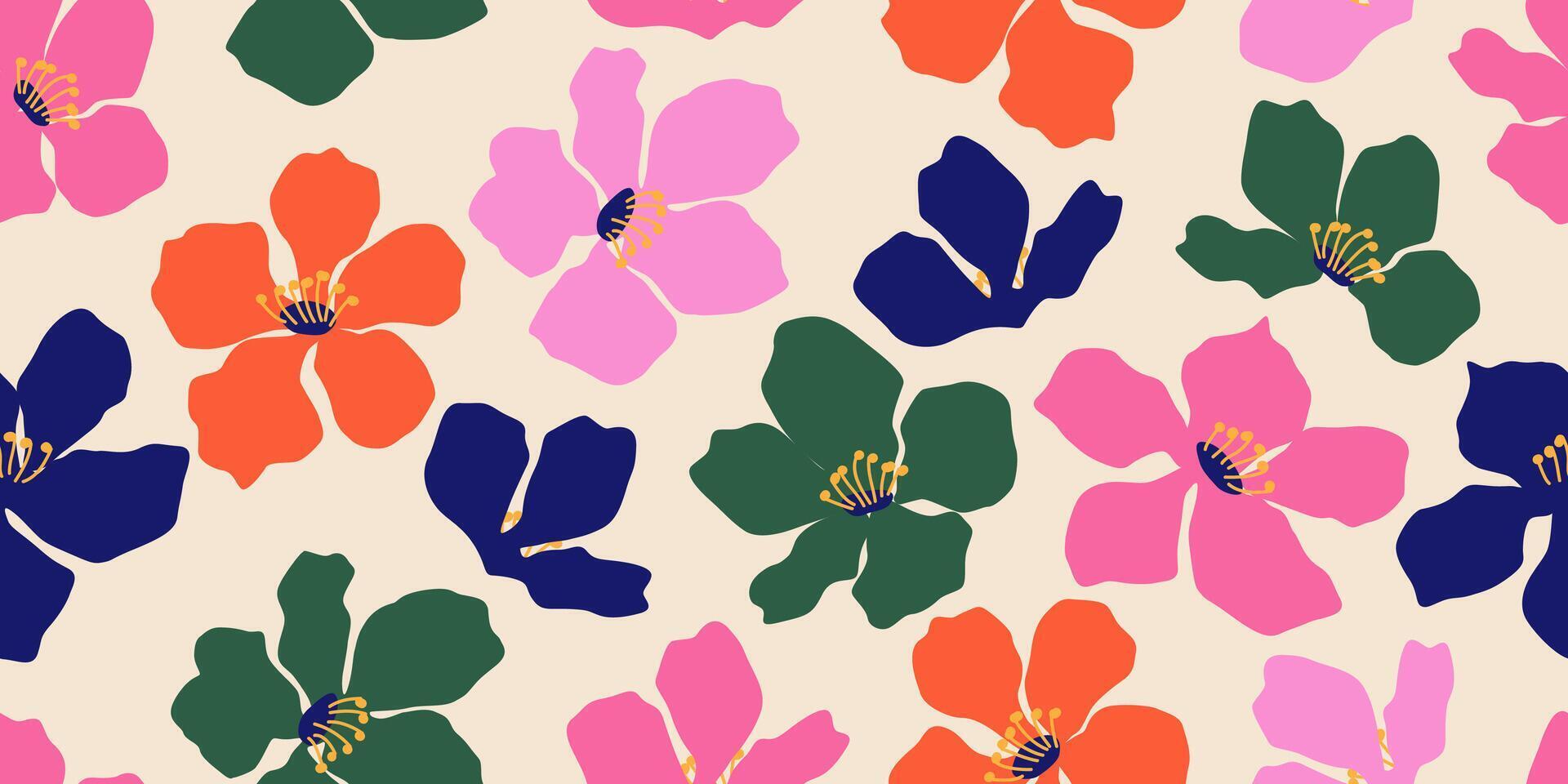 exótico mano dibujado flores, sin costura patrones con vistoso floral para tela, textiles, envase papel, cubrir, bandera, hogar decoración, pared arte, resumen antecedentes. vector ilustración.