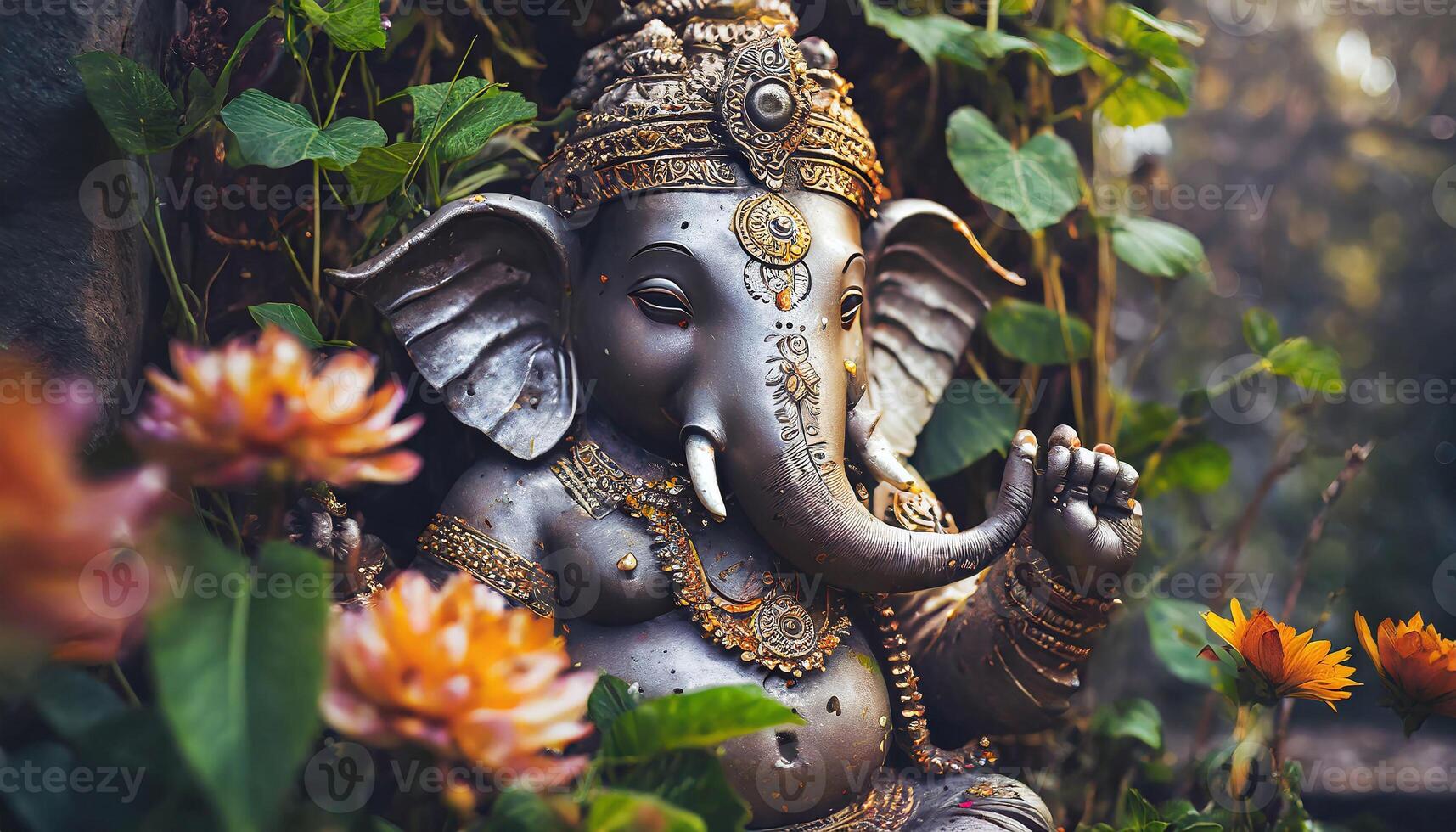 AI generated lord ganesha statue nestled in the serene lap of nature photo
