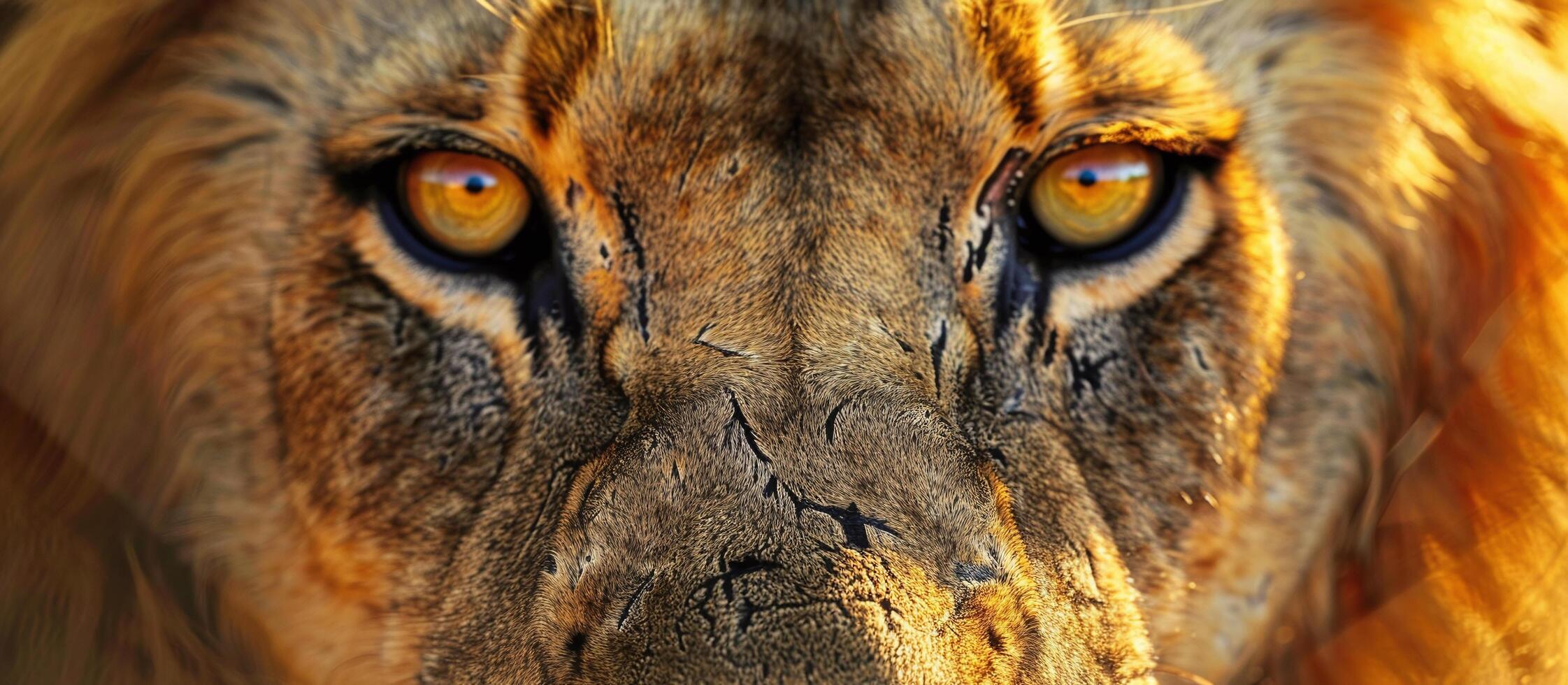 AI generated an extreme closeup of a wild lion face and eyes photo