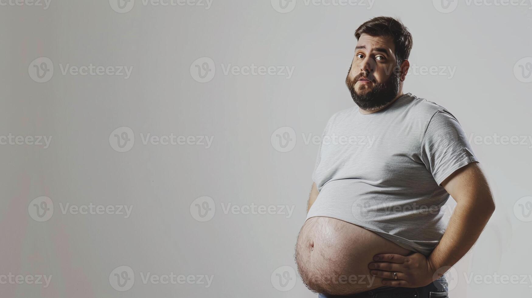 AI generated an overweight man revealing his round stomach on white photo