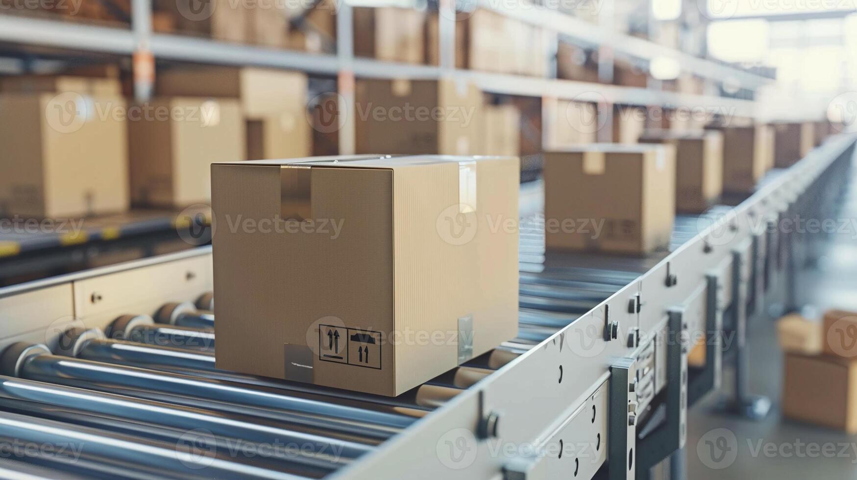 AI generated Multiple Cardboard Box Packages Moving Along Conveyor Belt in Warehouse Fulfillment Center photo